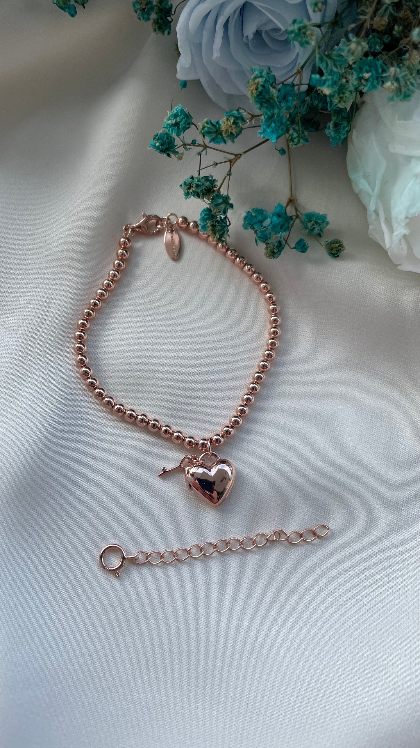 Heart Padlock Bracelet (Beaded) in Rose Gold Vermeil