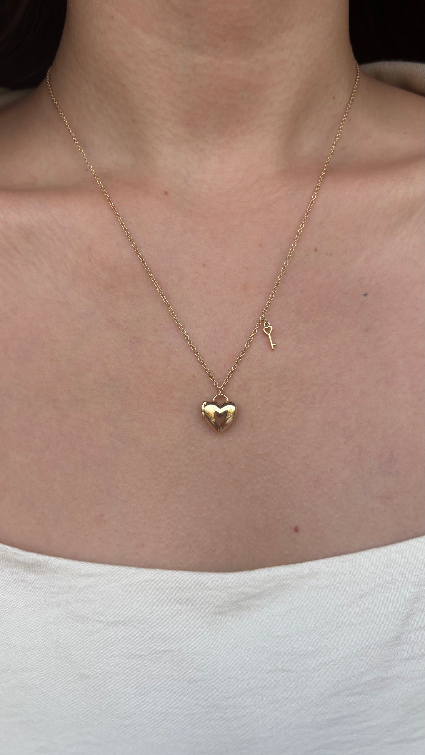 Mini Heart Locket Necklace with Key Charm in Solid Gold 18K & 14K