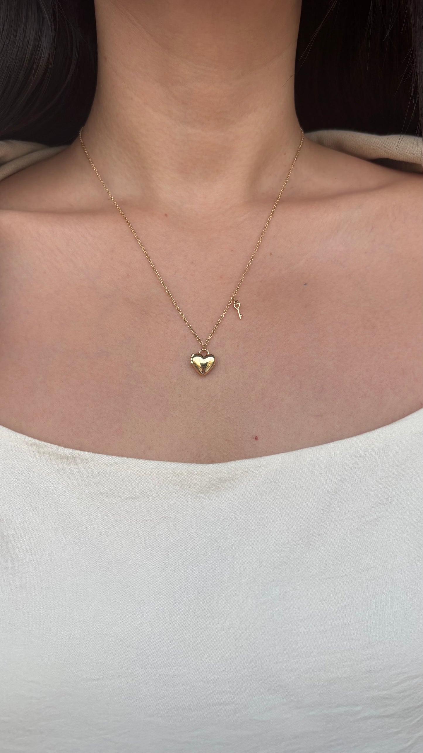 Mini Heart Locket Necklace with Key Charm in Solid Gold 18K & 14K