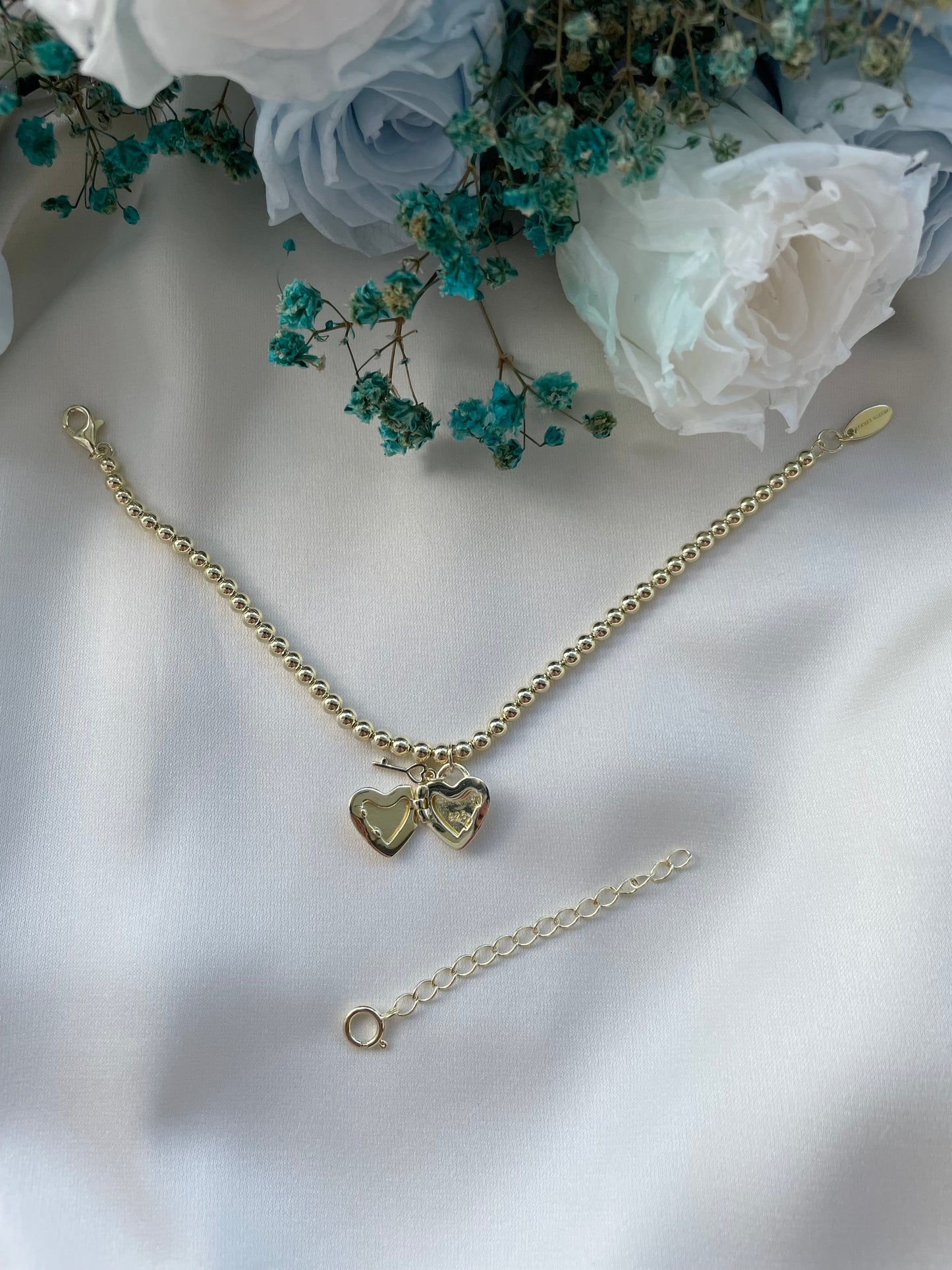 Heart Padlock Bracelet (Beaded) in Gold Vermeil