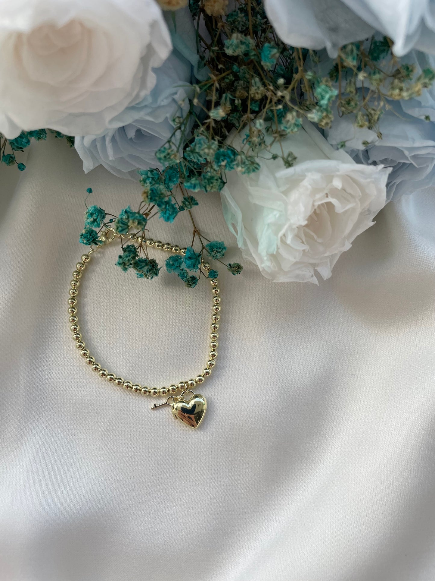 Heart Padlock Bracelet (Beaded) in Gold Vermeil