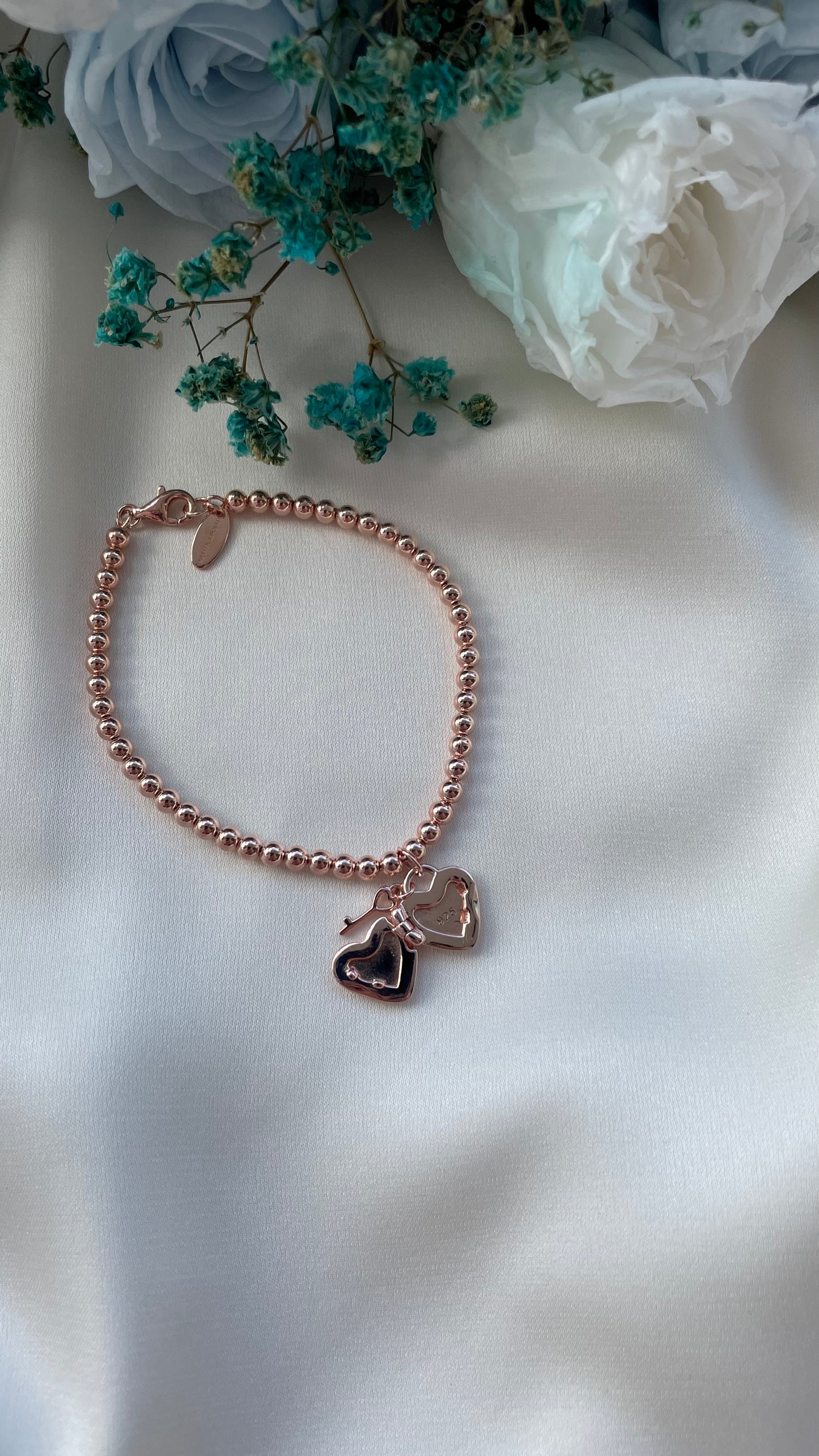 Heart Padlock Bracelet (Beaded) in Rose Gold Vermeil