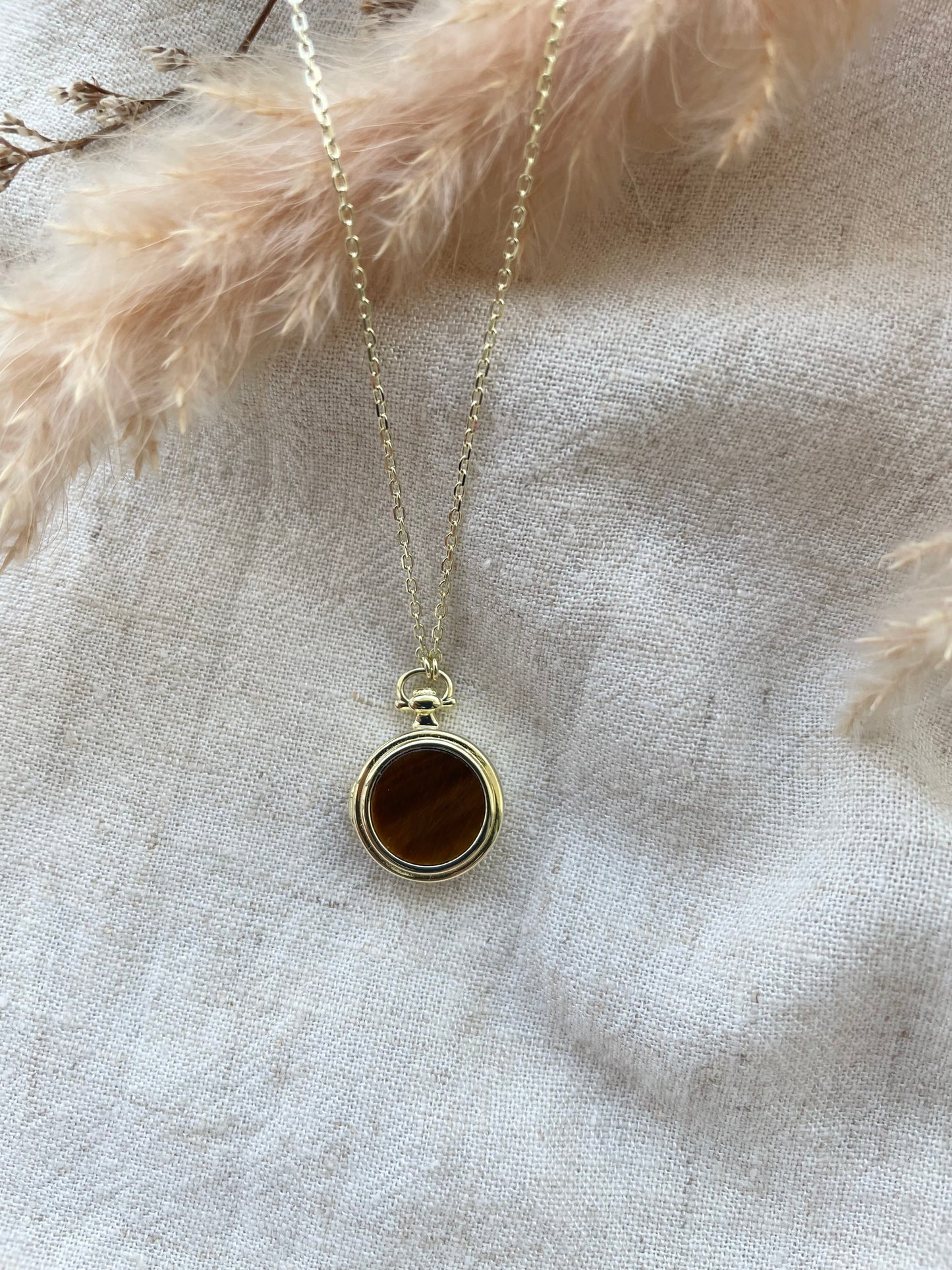 Tiger Eye Pocket Watch Locket in Solid Gold 18K