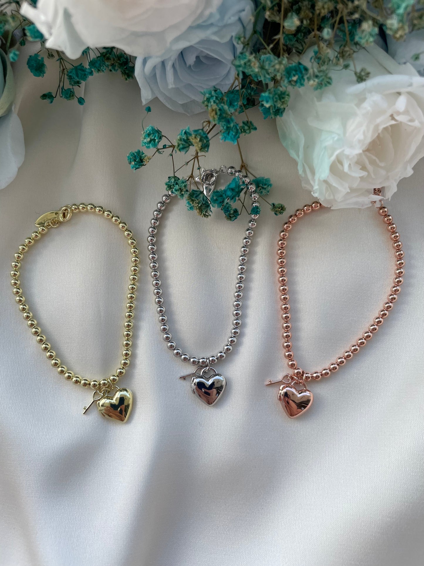 Heart Padlock Beaded Bracelet in Solid Gold 18K
