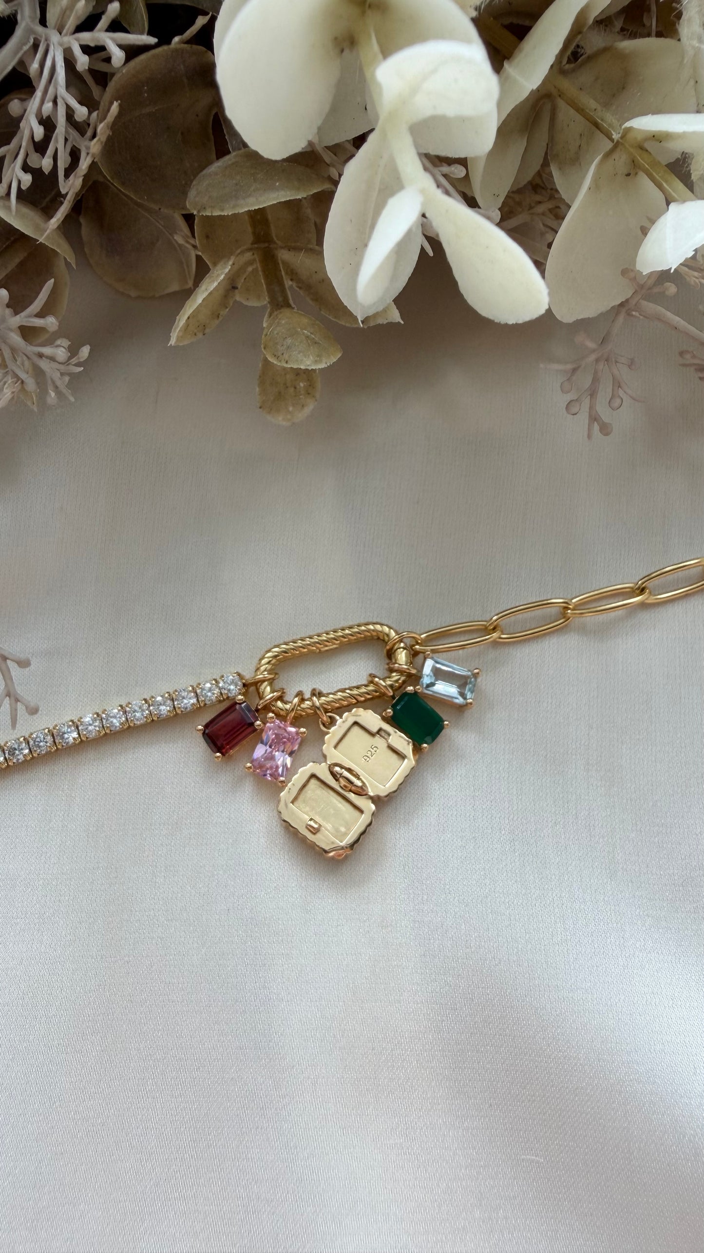 Tennis Paper Clip Charm Locket Bracelet (Gold Vermeil)