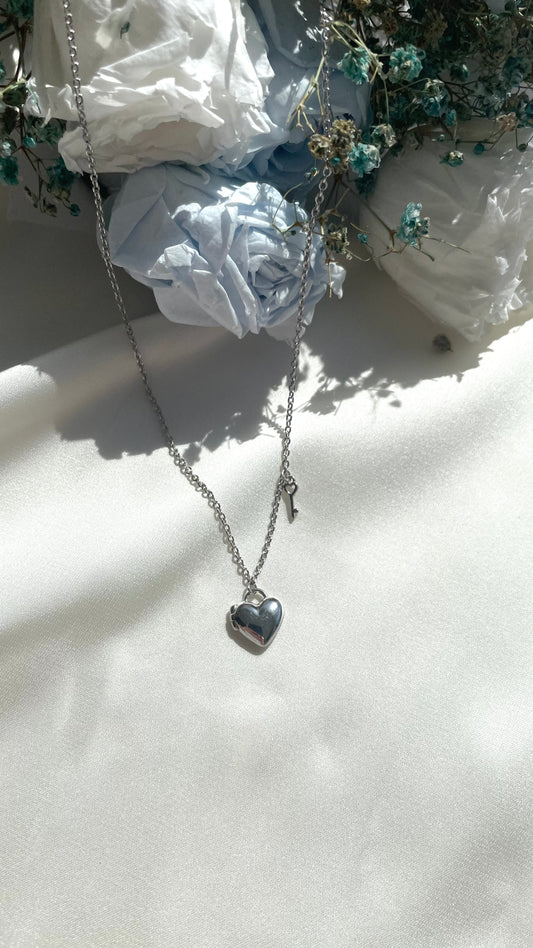 Mini Heart Locket Necklace with Key Charm in Solid Gold 18K