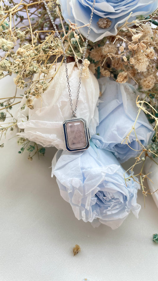 Rose Quartz Emerald Cut Locket in Sterling Silver