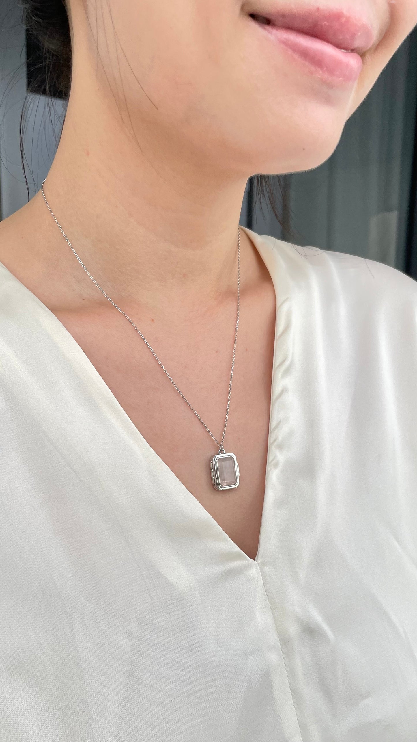 Rose Quartz Emerald Cut Locket in Sterling Silver