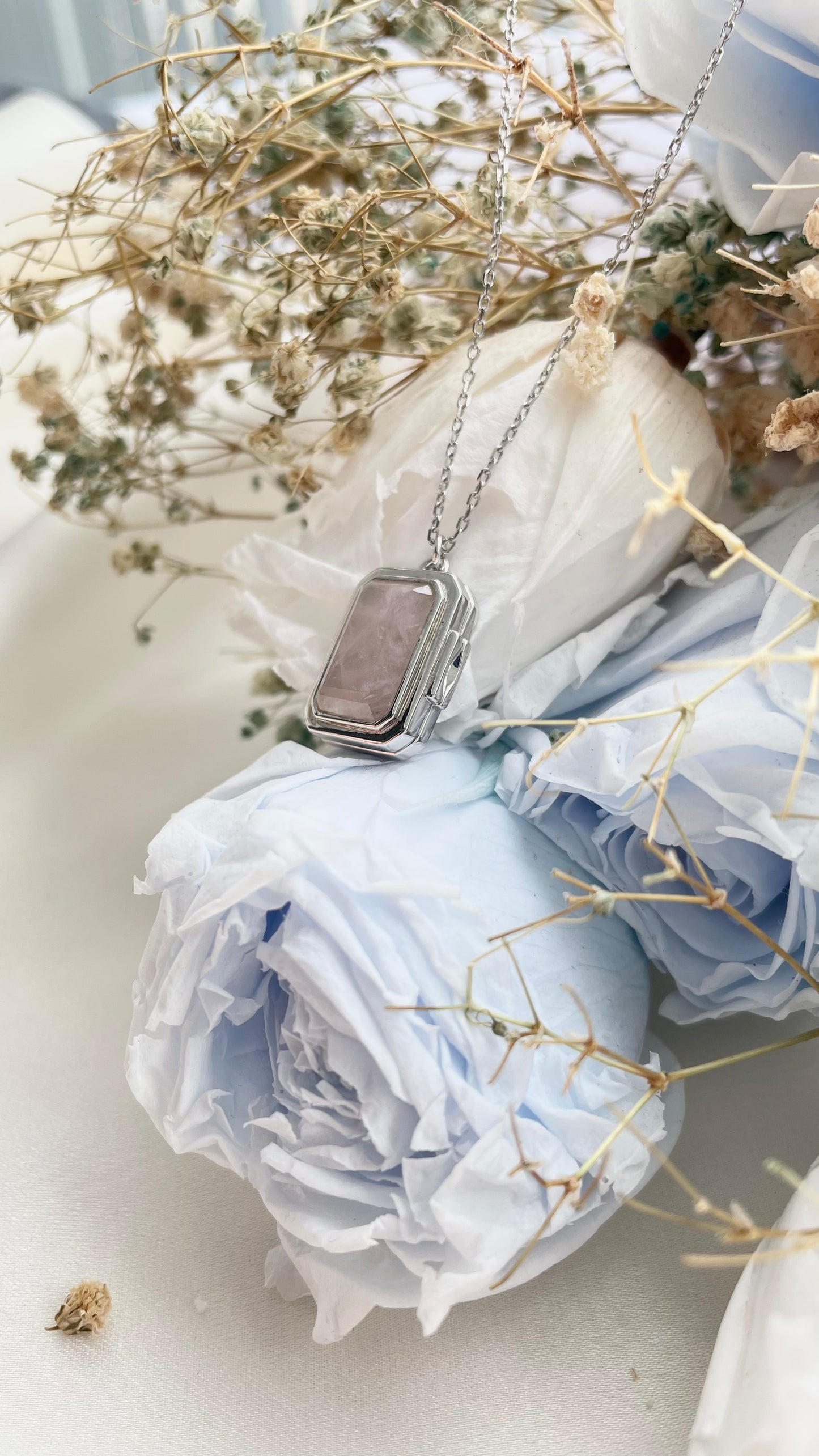 Rose Quartz Emerald Cut Locket in Sterling Silver