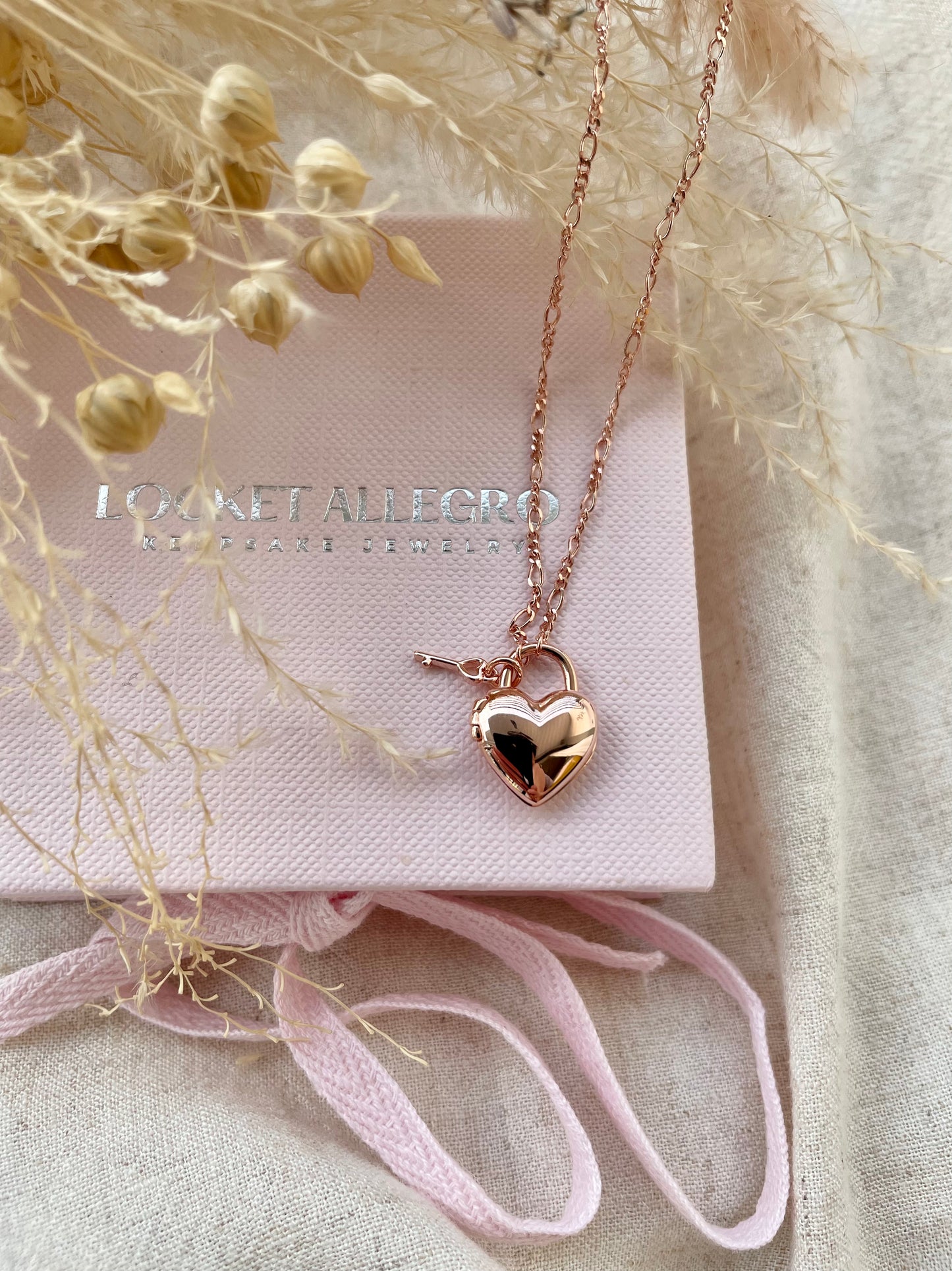 Heart Padlock Locket in Rose Gold Vermeil with Rose Gold Key Charm