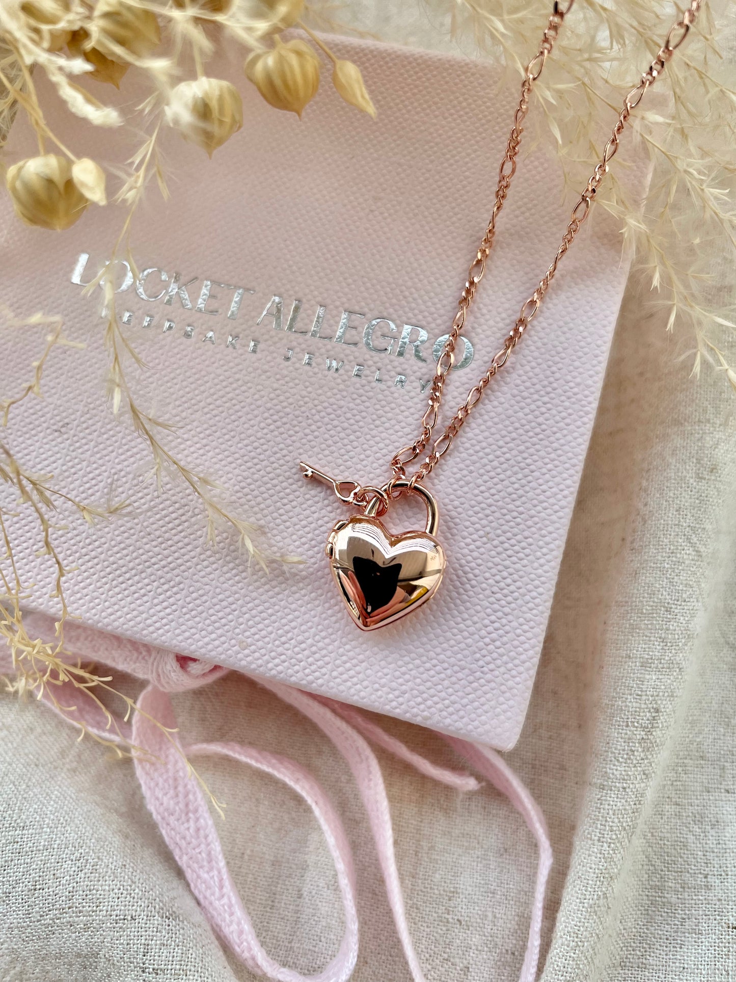 Heart Padlock Locket in Rose Gold Vermeil with Rose Gold Key Charm