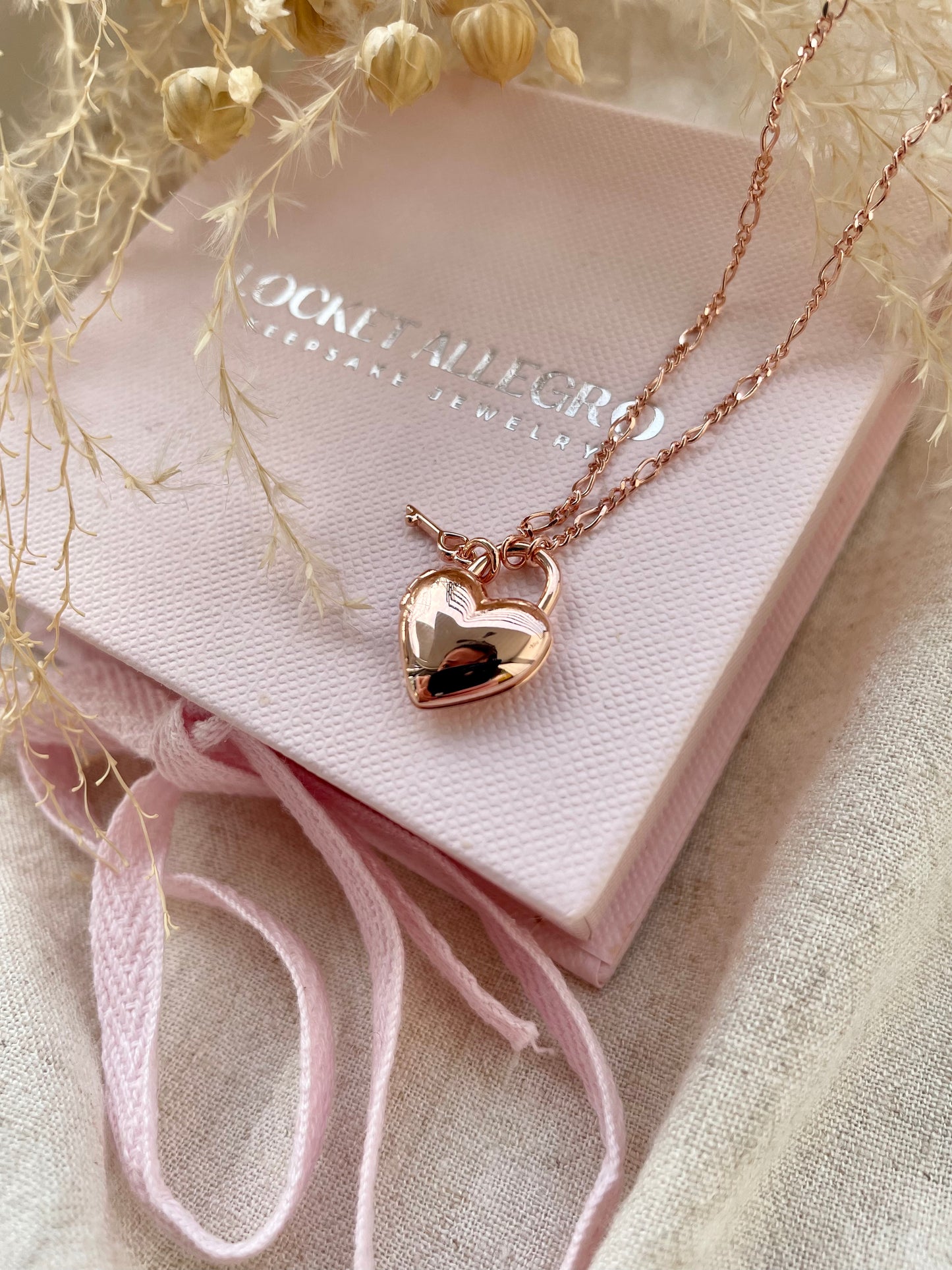 Heart Padlock Locket in Rose Gold Vermeil with Rose Gold Key Charm